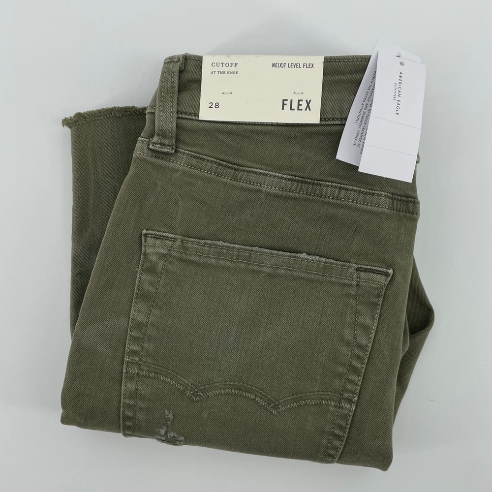 American Eagle Next Level Flex Cutoff Shorts Mens Size 28 Olive Green Distressed